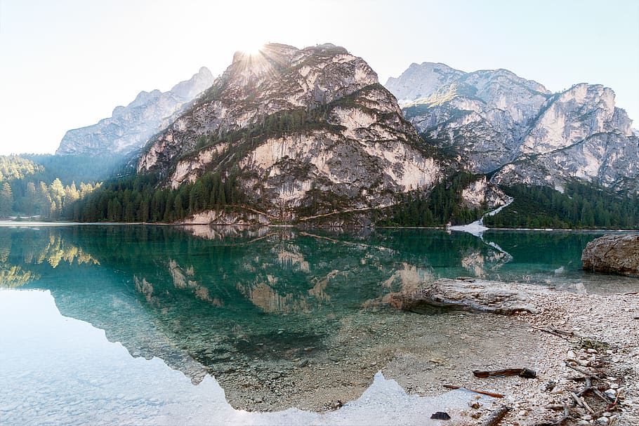 Mountains Near River Under Clear Day Sky, daylight, high, lakeside HD wallpaper