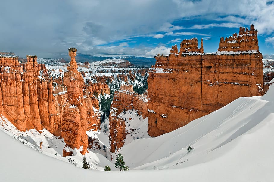 clouds, sky, nature, landscape, snow, winter, cold, rock, formation HD wallpaper