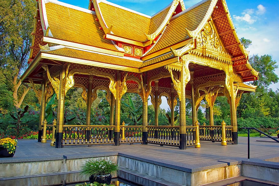 golden thai pavilion at olbrich, botanical, gardens, madison, HD wallpaper