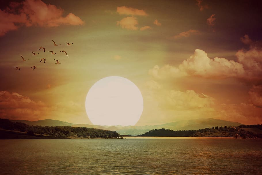 sun, cloud, sky, in the evening, water, mountains, birds, cloud - sky HD wallpaper