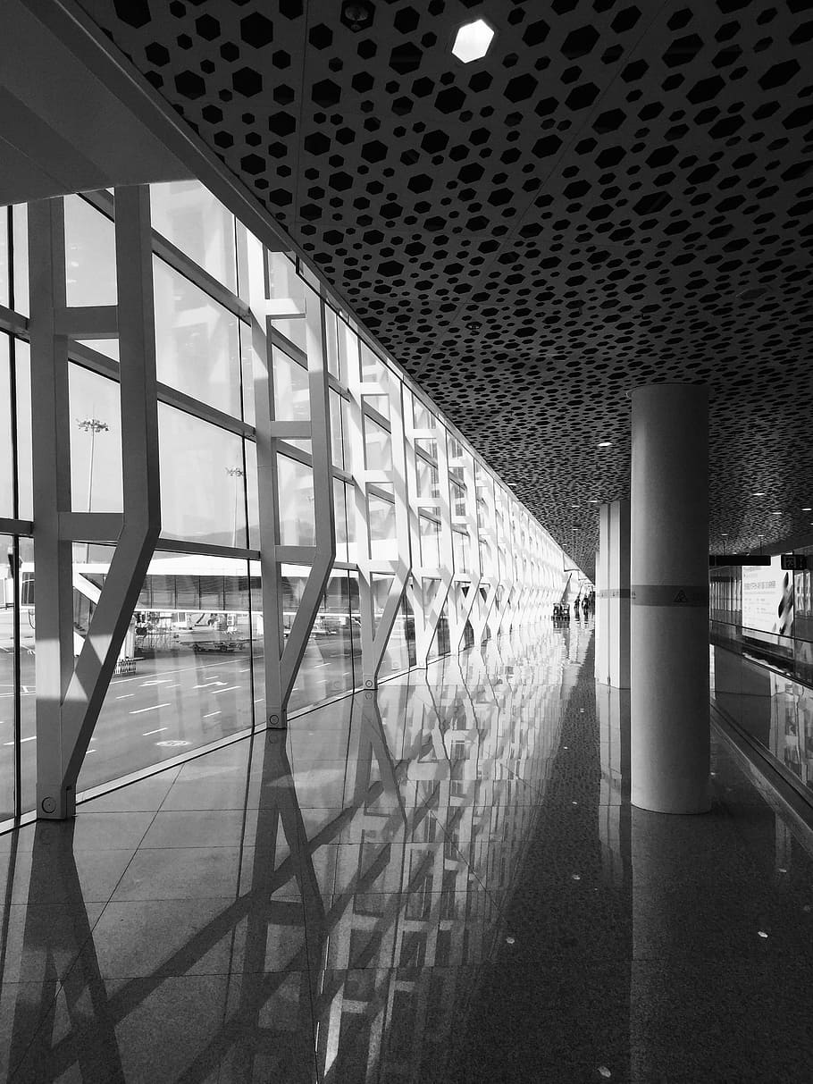 Hallway With Glass Window, architecture, black-and-white, building HD wallpaper