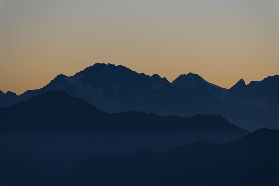 silhouette of mountain during sunset, ridge, range, orange, gradient HD wallpaper