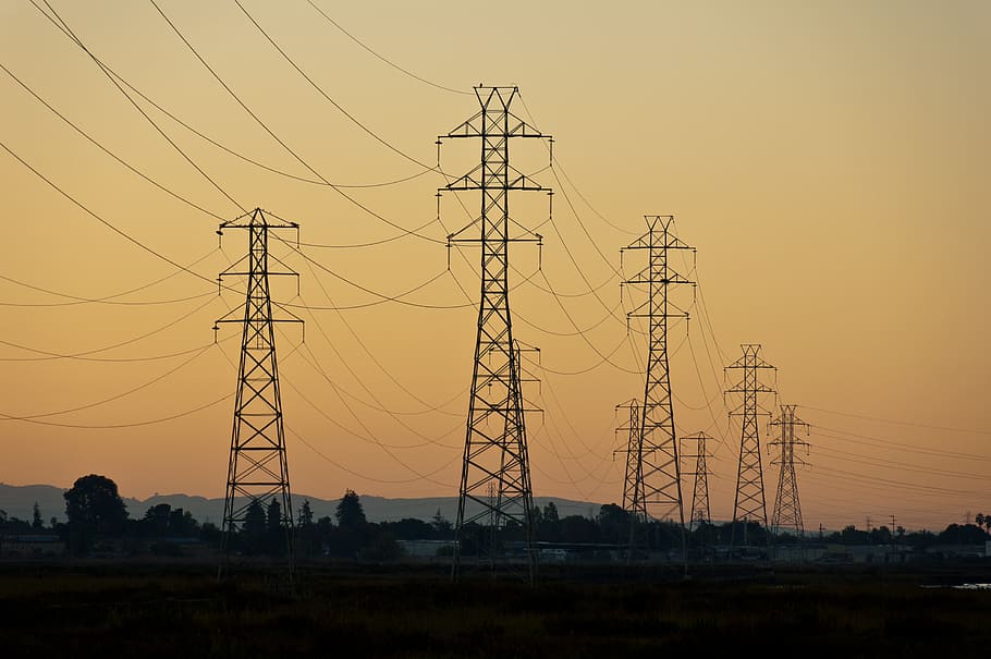 power, sunset, silhouette, yellow, gold, electricity, cable HD wallpaper