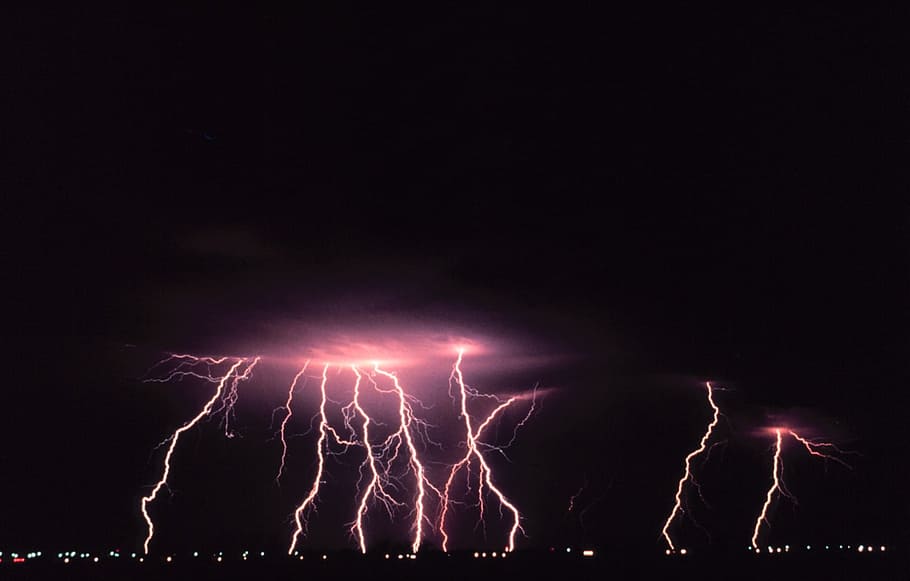 Purple Thunder Storm during Nighttime, dark, evening, lightning HD wallpaper
