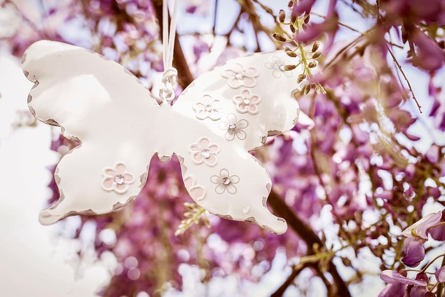 blue rain, wisteria, tree, spring, plant, decoration, butterfly HD wallpaper