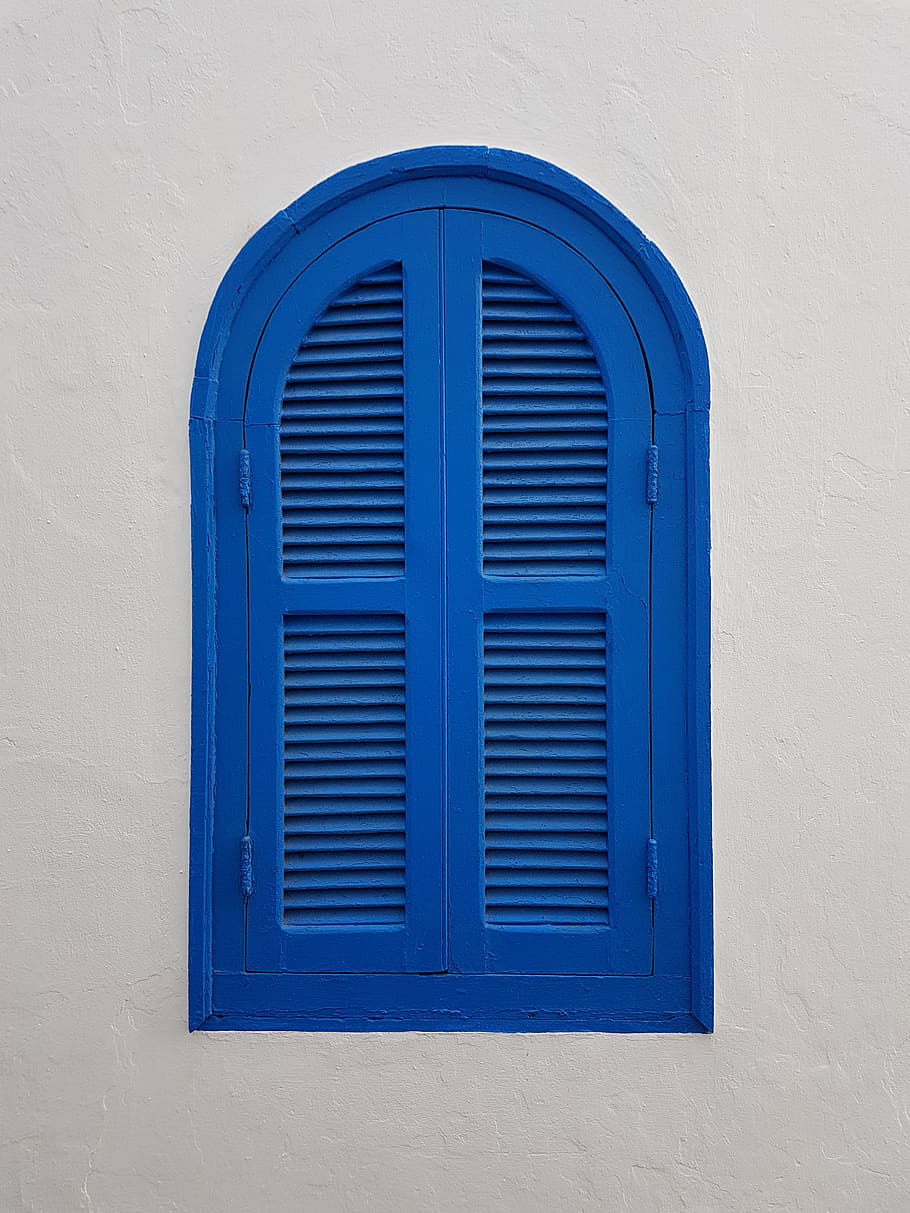 blue wooden window on wall, curtain, window shade, shutter, home decor, HD wallpaper