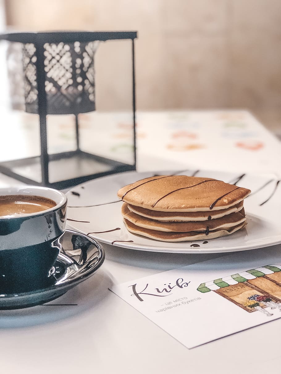 pancakes on plate, table, food and drink, indoors, mug, cup, coffee cup HD wallpaper