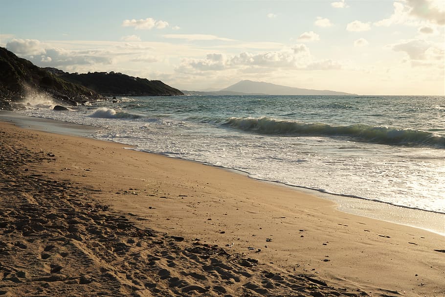 sunrise, beach, sand, mountains, waves, clouds, sea, water HD wallpaper