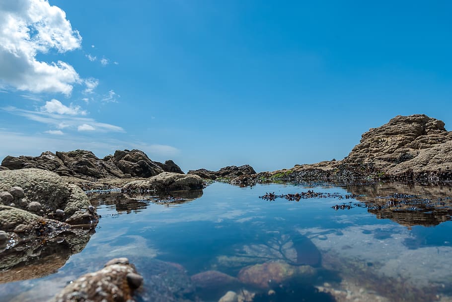 reflection, rock, sea, sky, landscape, water, rock - object HD wallpaper