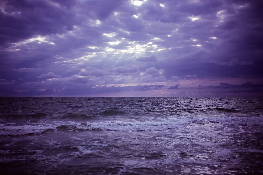 purple, sky, clouds, storm, ocean, sea, water, waves, cloud - sky HD wallpaper