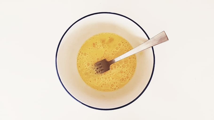 yellow beverage inside cup, bowl, cutlery, spoon, food, custard HD wallpaper