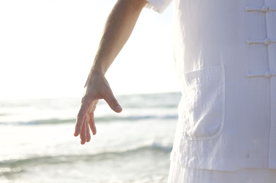 Person in White Shirt Standing on Seashore during Daytime, beach HD wallpaper
