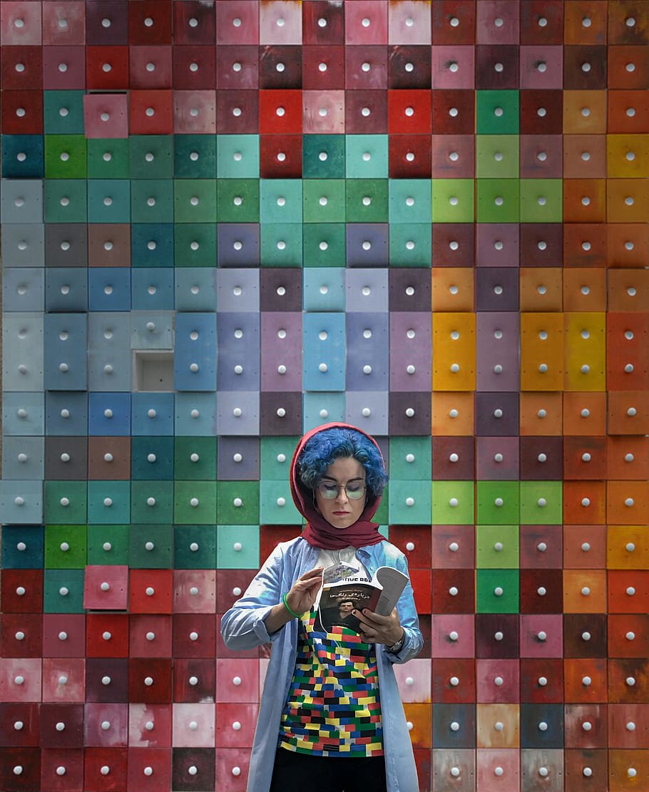 blue cardigan, multi colored, one person, front view, standing HD wallpaper