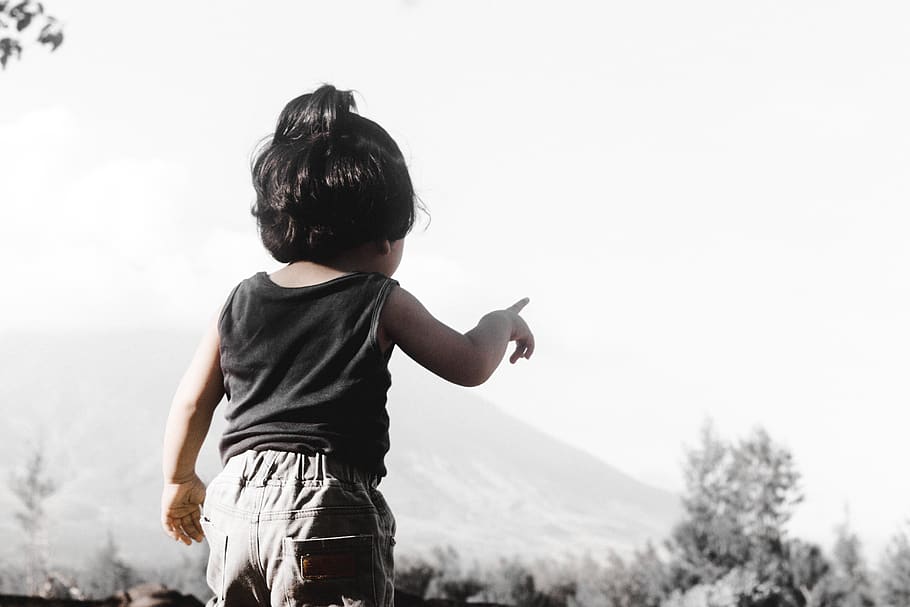 toddler pointing tree, apparel, clothing, shorts, human, person HD wallpaper