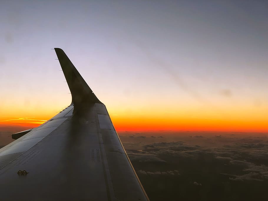 sunset, sky, air vehicle, aircraft wing, airplane, flying, orange color HD wallpaper
