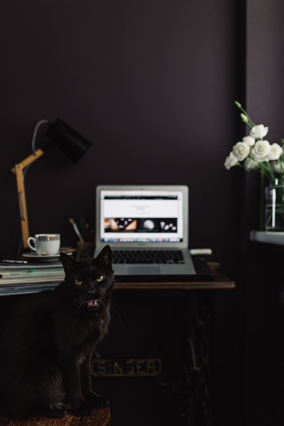 Contemporary home office idea with dark walls, workspace, workplace