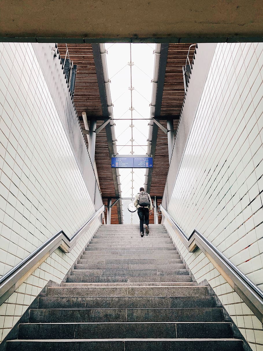 stairway, banister, handrail, person, human, staircase, berlin HD wallpaper