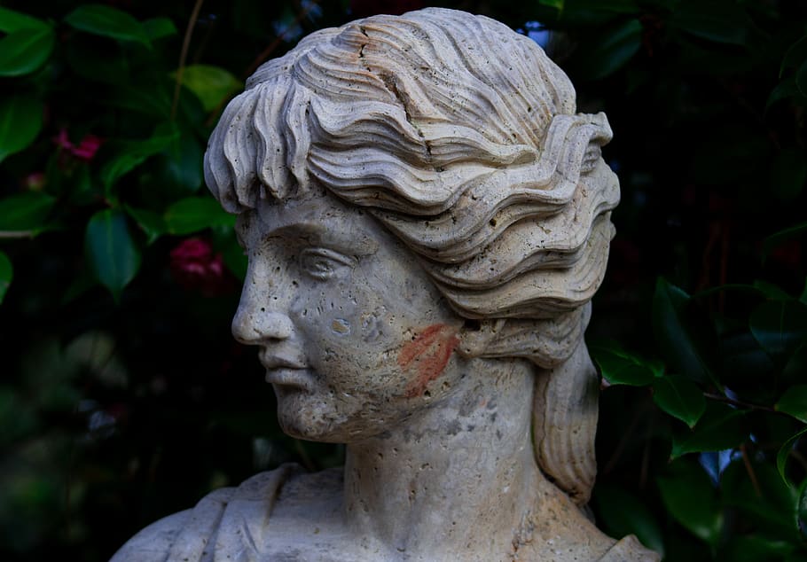 head, statue, art, sculpture, fungus, figurine, garden, flowers HD wallpaper
