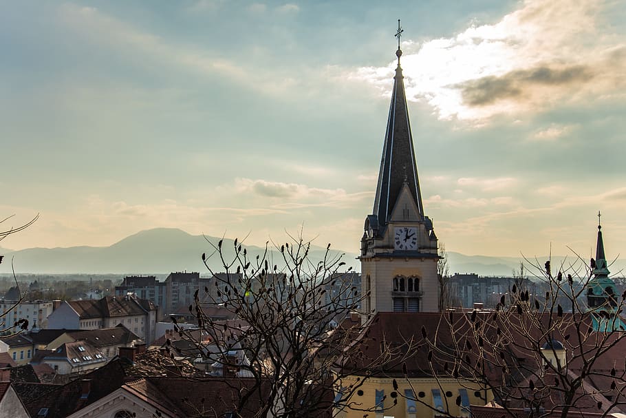 ljubljana, winter, autumn, city, mountains, tower, church, architecture, HD wallpaper