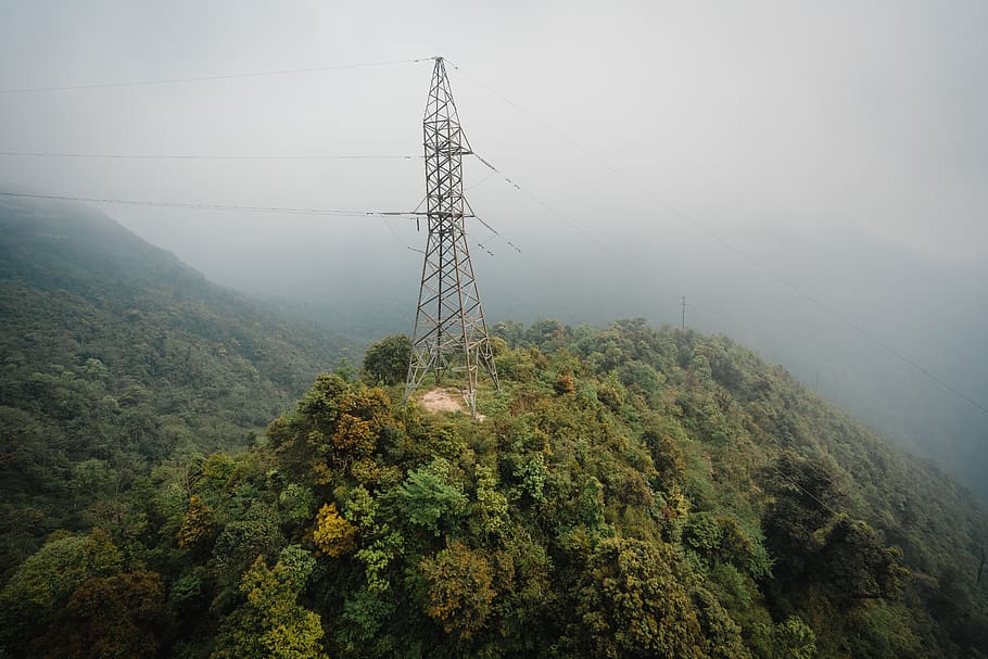 transformer tower on mountain, power lines, cable, electric transmission tower