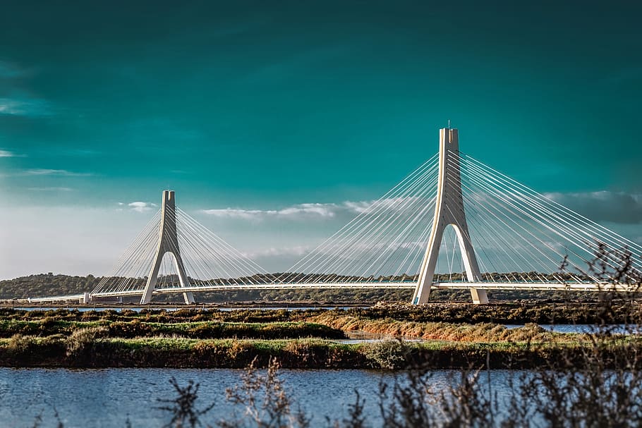 bridge, sun, sky, nature, landscape, water, clouds, connection HD wallpaper