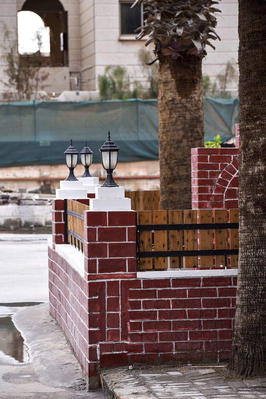 brick, lamp post, plant, tree, path, walkway, wall, asphalt HD wallpaper