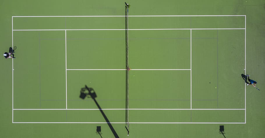 Two Person Playing Tennis, aerial shot, athletes, competition