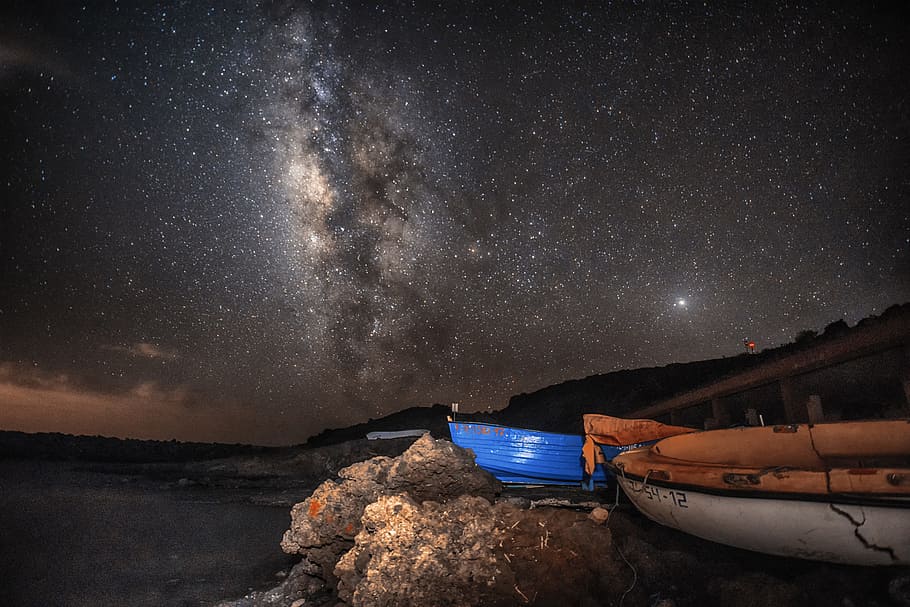 orange and white pontoon boat, star, sky, rock, galaxy, cosmo, HD wallpaper