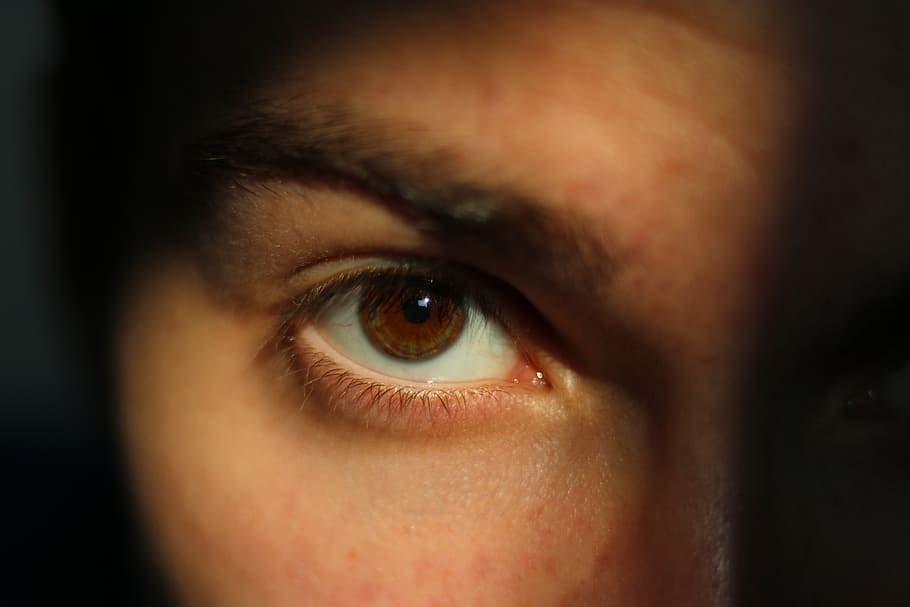 man's eye, skin, contact lens, person, human, blur, brown, portrait, HD wallpaper