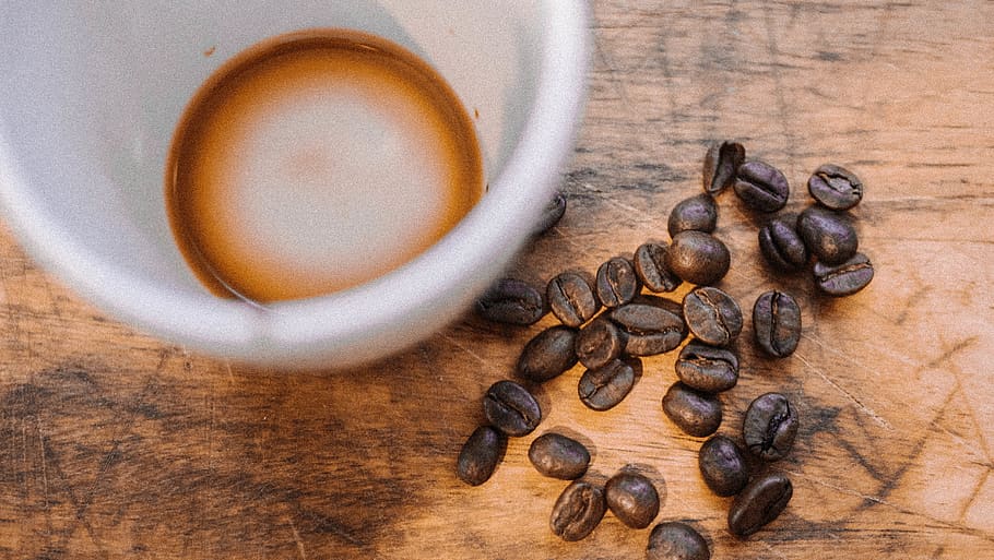 white ceramic mug beside coffee beans, flora, food, plant, produce HD wallpaper