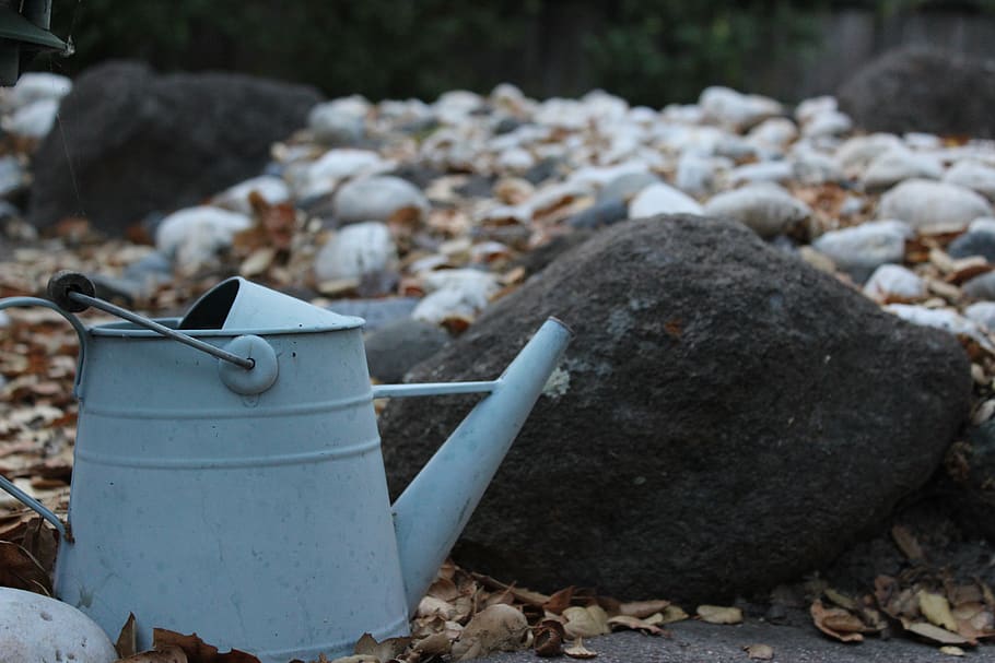 blue, backyard, rocks, watering can, summer, solid, day, no people HD wallpaper