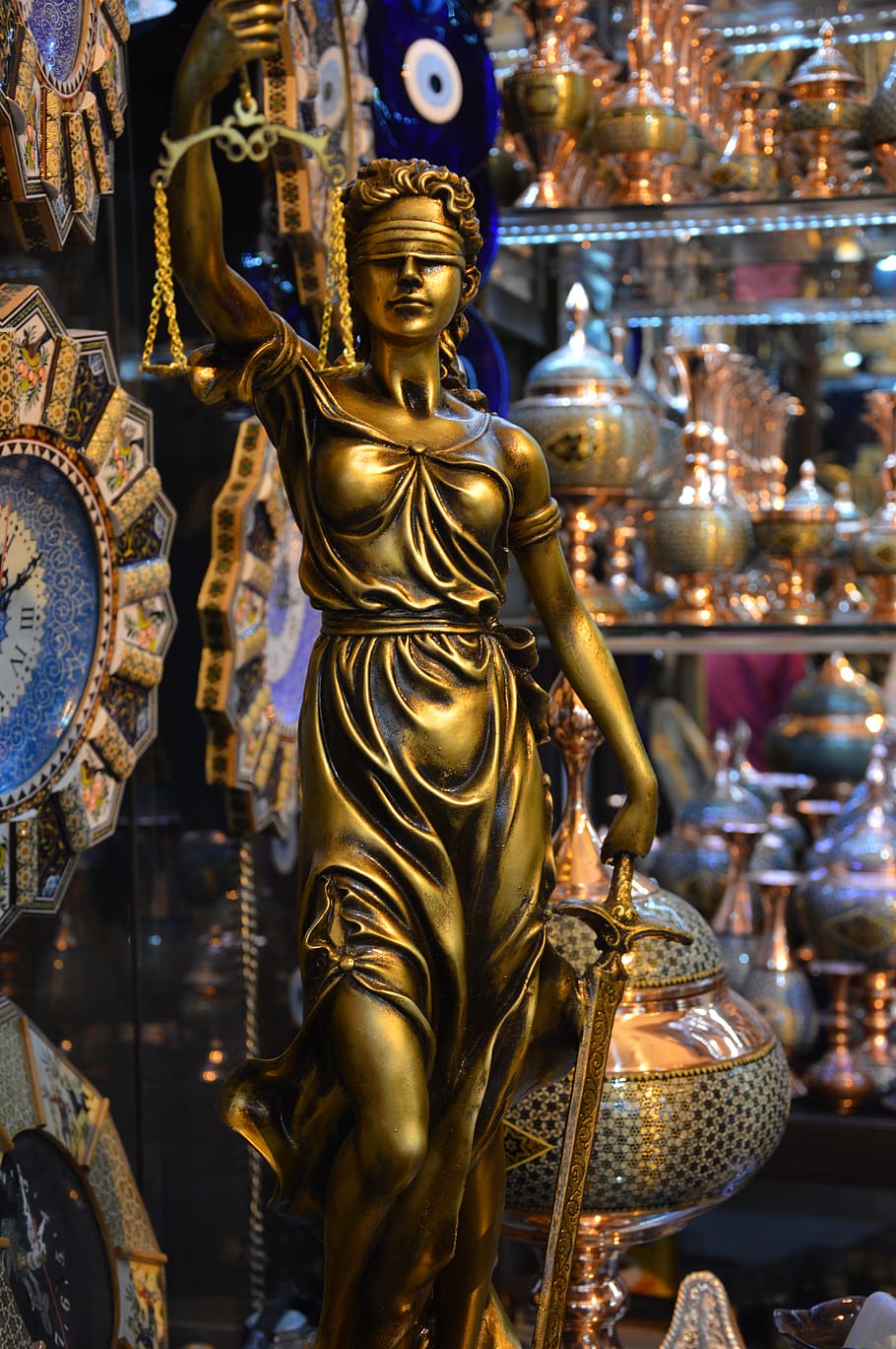 justice, statue, sculpture, gold colored, belief, human representation HD wallpaper