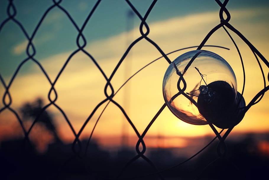 bulb, light, sunset, wire, fence, sky, chainlink fence, silhouette HD wallpaper