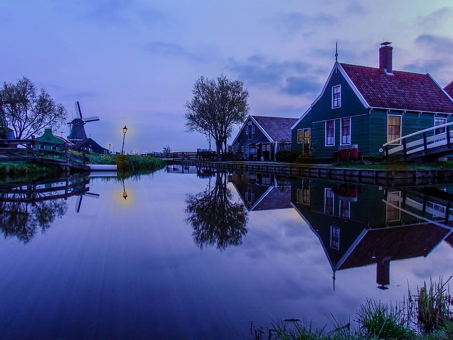 water, lights, clouds, night, landscape, reflection, evening HD wallpaper