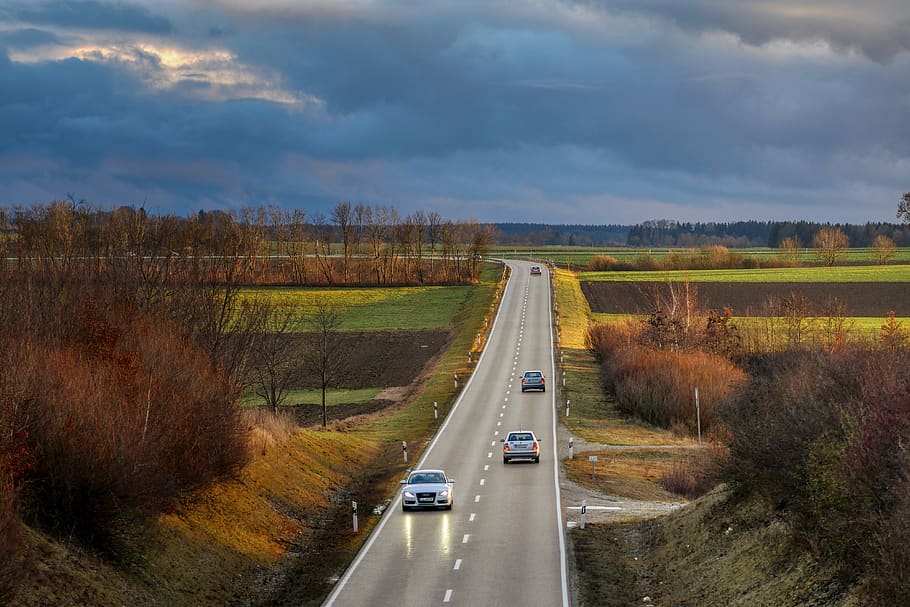 road, autos, sunset, landscape, reported, nature, grass, field HD wallpaper