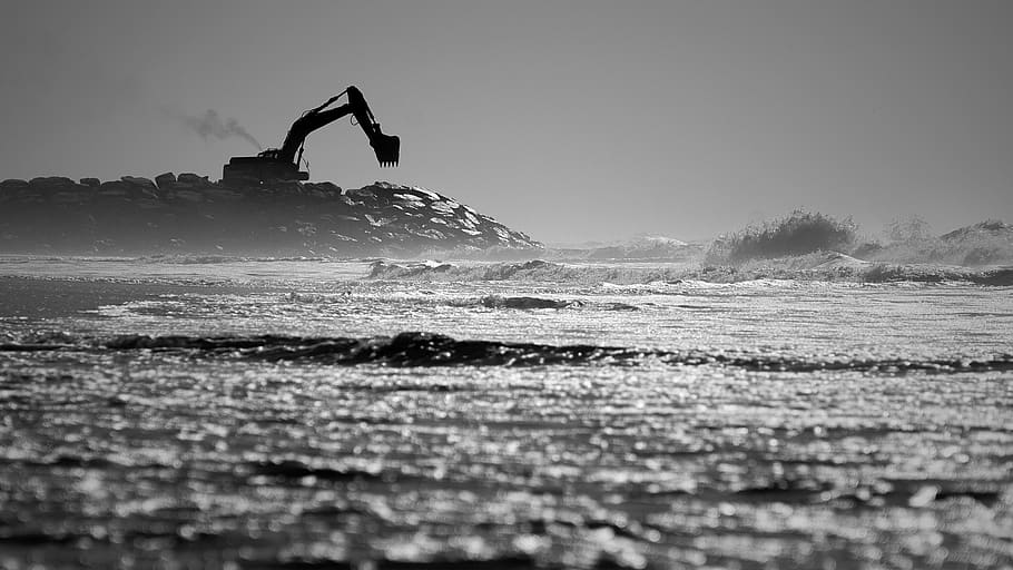 sea, beach, wave, excavators, water, ocean, coast, seascape HD wallpaper