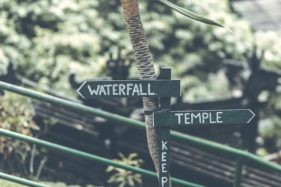 Waterfall Temple Signage, destination, direction, guidance, information HD wallpaper