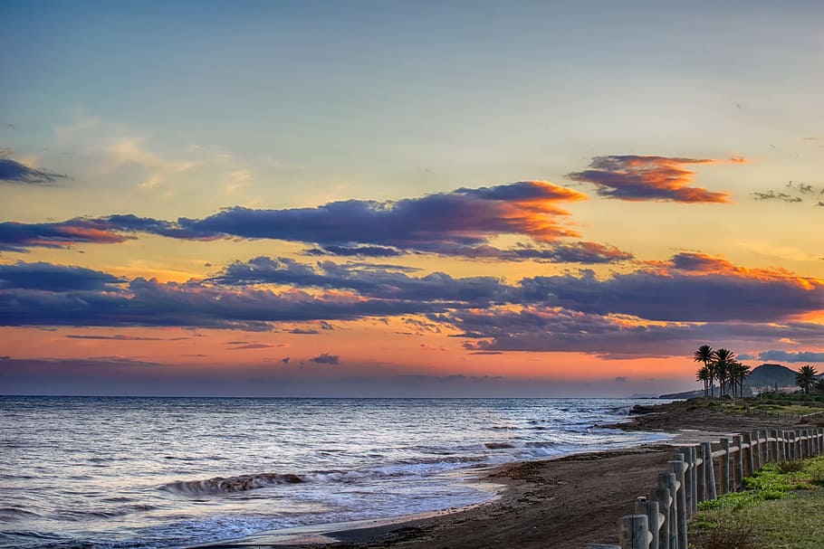sunset, palms, beach, sky, landscape, clouds, light, romantic HD wallpaper