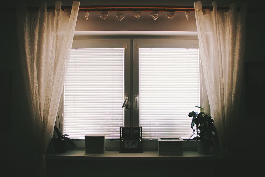 Brown Curtain Near White 2-pane Window, boxes, contemporary, curtains