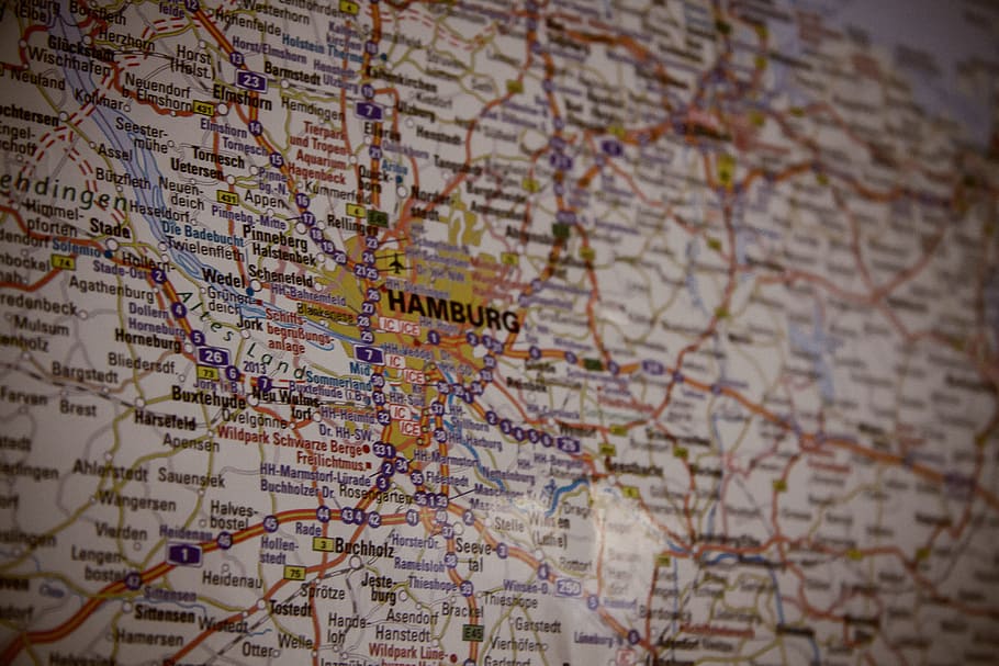 Hamburg on map, europe, germany, journey, plan, planning, road