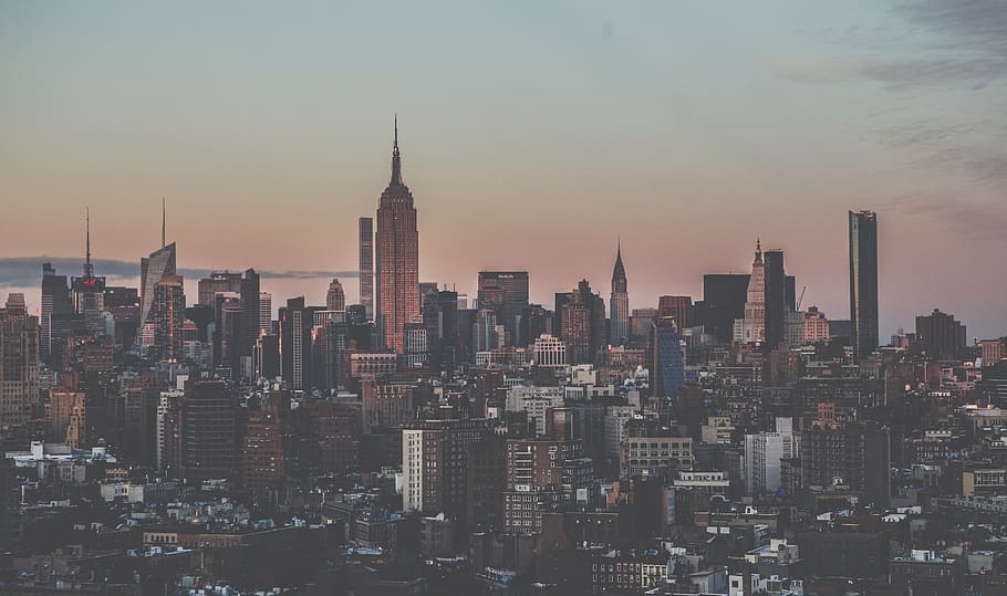 nyc, empire state building, new york, skyline, sunset, dark, HD wallpaper