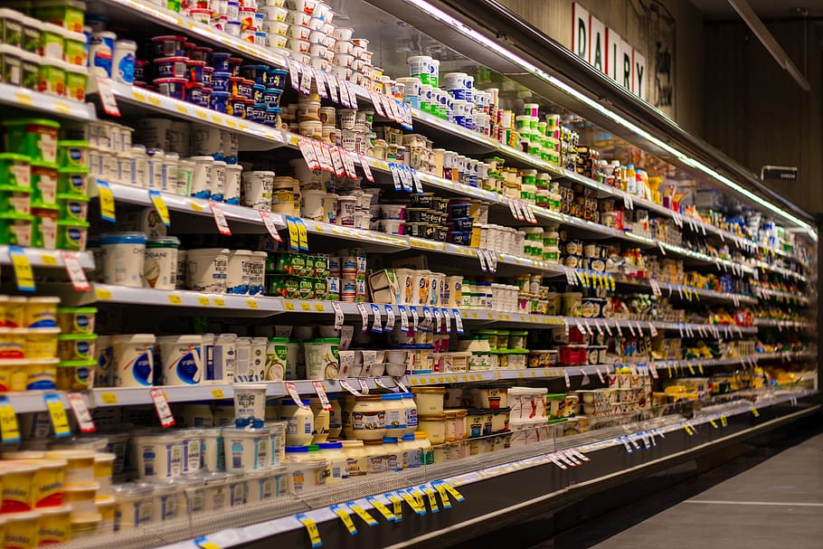 supermarket, shelf, blur, yogurt, milk, shopping, retail, grocery, HD wallpaper