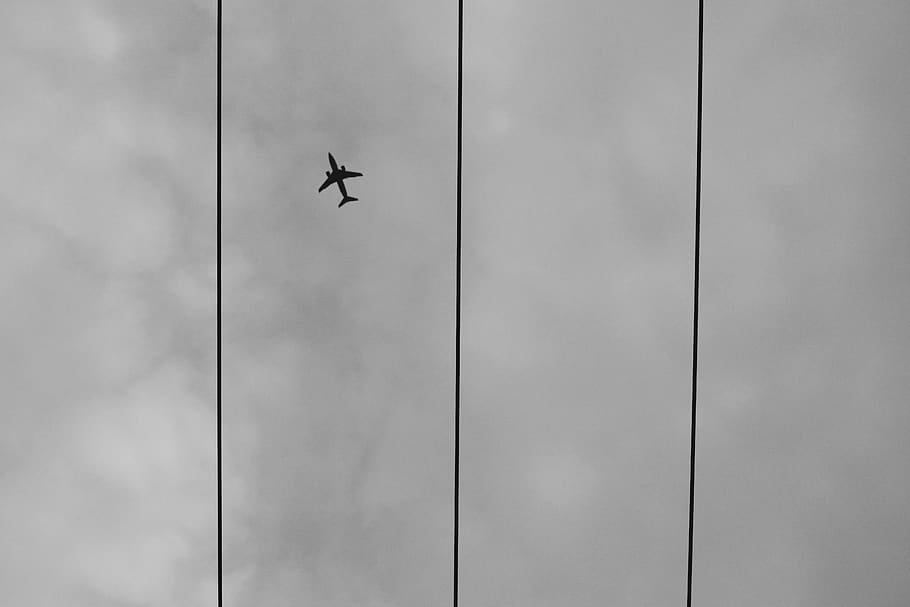 sky, plane, white, black, black and white, bandw, air vehicle HD wallpaper