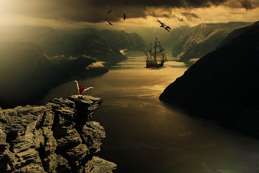 fantasy, ship, channel, sky, mystical, sailing vessel, girl HD wallpaper