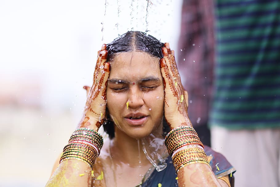 Woman Taking Shower While Wearing Sari Dress, adult, beautiful