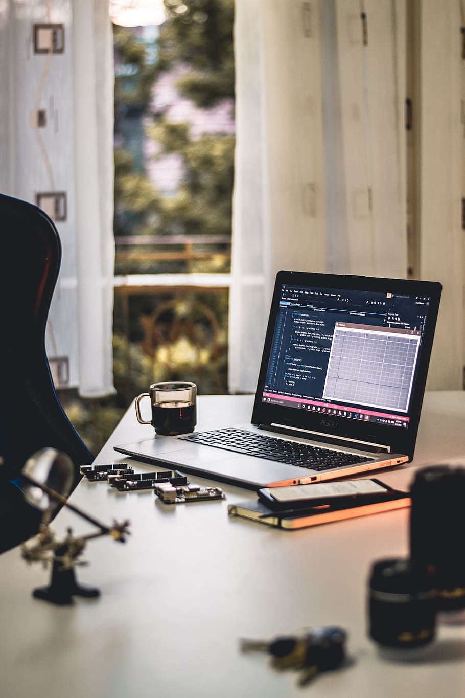 MacBook Pro on white table, laptop, window, curtain, tech, technology HD wallpaper