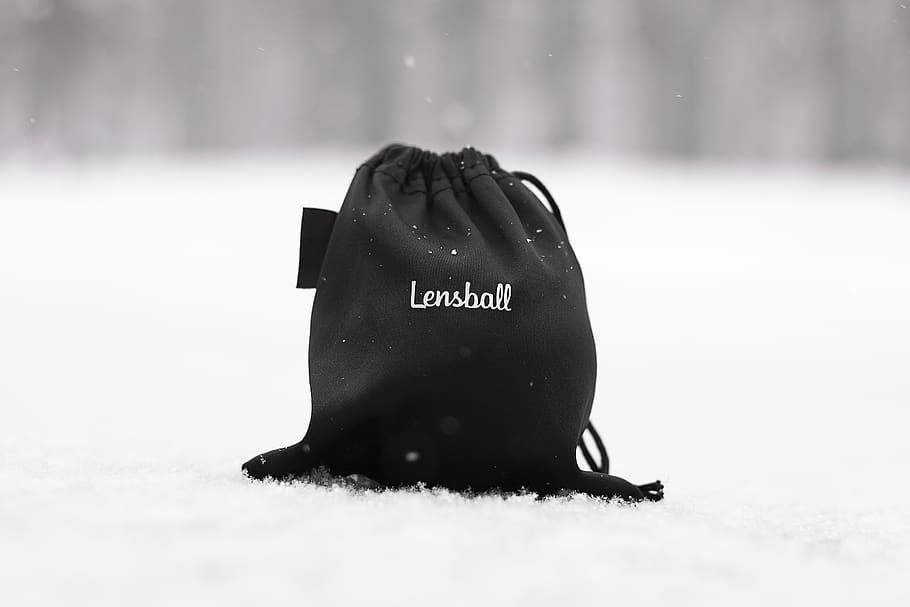 black and white Lenshall drawstring bag, snow, cold temperature