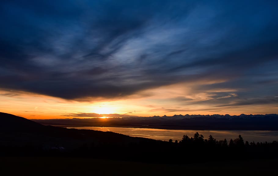 sunrise, clouds, lake, reflection, mountain, colors, landscape HD wallpaper
