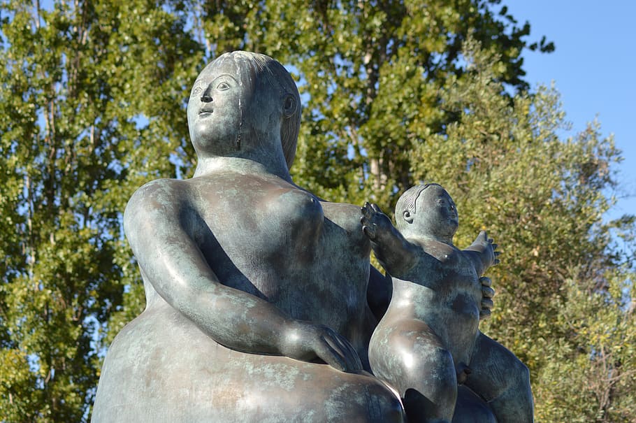 statue, mother, child, imposing, sky, tree, sculpture, human representation HD wallpaper
