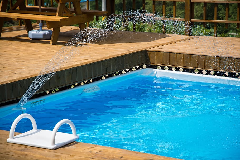 Fountain on Swimming Pool With White Hand Ladder, blue, cool HD wallpaper